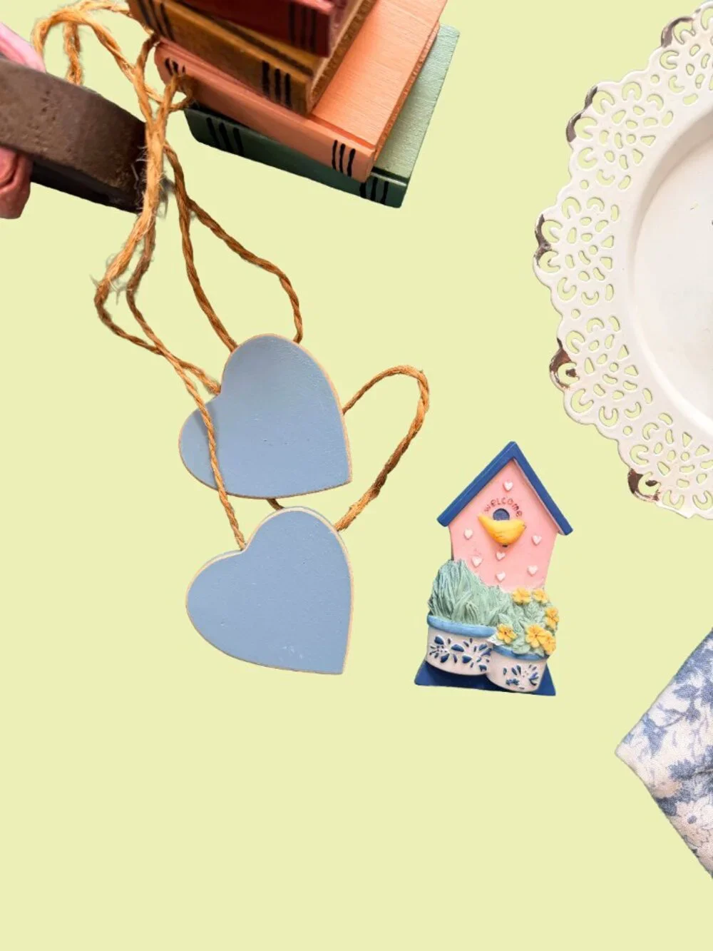 Cottagecore Fairytale Decor Bundle | Vintage Book, Wood Hearts, Bunny, Key Dish